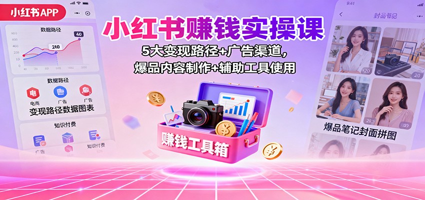小红书赚钱实操课：5大变现路径+广告渠道，爆品内容制作+辅助工具使用-跃知万川