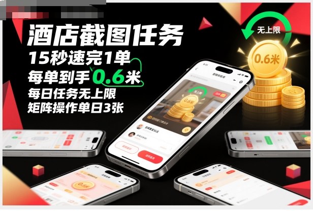 酒店截图任务，15秒速完1单，每单到手0.6米，每日任务无上限，全网首发玩法，矩阵操作单日3张【揭秘】-跃知万川