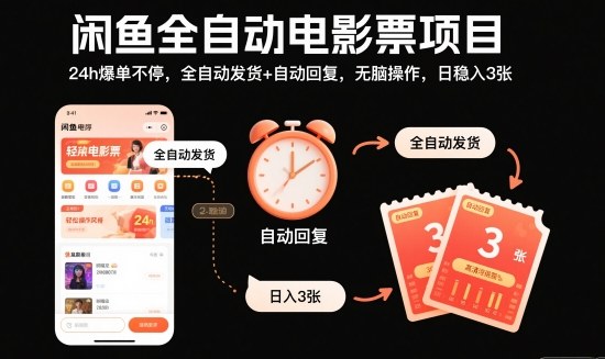 闲鱼全自动电影票项目，24h爆单不停，全自动发货+自动回复，无脑操作，日稳入3张【揭秘】-跃知万川