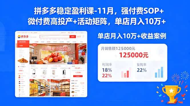 拼多多稳定盈利课-11月，强付费SOP+微付费高投产+活动矩阵，单店月入10万+-跃知万川
