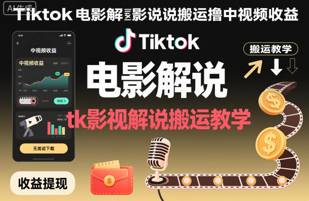 Tiktok电影解说搬运撸中视频收益，tk影视解说搬运教学-跃知万川