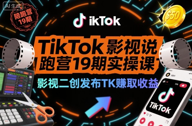 TikTok影视解说陪跑营19期实操课，影视二创发布TK賺取收益，万播收益50美金-跃知万川