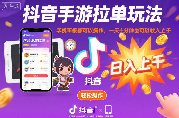 抖音手游拉单玩法，手机平板都可以操作，一天十分钟也可以收入上K【揭秘】-跃知万川