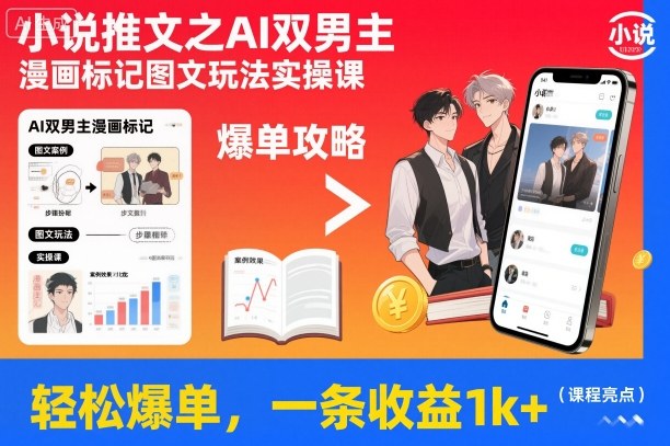 小说推文之AI双男主漫画标记图文玩法实操课，轻松爆单，一条收益1k+-跃知万川
