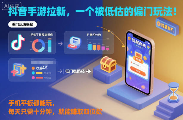 抖音手游拉新，一个被低估的偏门玩法！手机平板都能玩，每天只需十分钟，就能賺取四位数【揭秘】-跃知万川