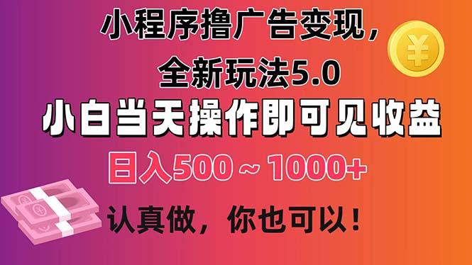 小程序撸广告变现，全新玩法5.0，小白当天操作即可上手，日收益 500~1000+-跃知万川