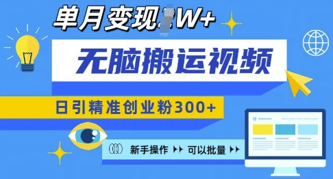无脑搬运视频号可批量复制，新手即可操作，日引精准创业粉300+，月变现过W 【揭秘】-跃知万川