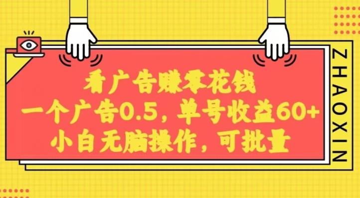 无脑看广告获取收益，一条广告0.5，日稳定60-100+，可批量放大，超级稳定-跃知万川