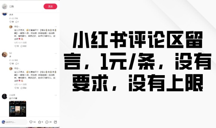 小红书评论区留言，1元条，没有要求，没有上限-跃知万川