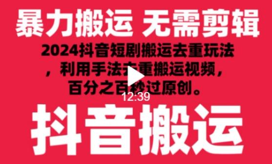 2024最新抖音搬运技术，抖音短剧视频去重，手法搬运，利用工具去重，达到秒过原创的效果【揭秘】-跃知万川