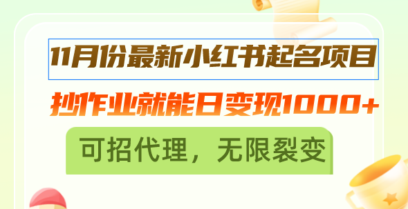 11月份最新小红书起名项目，抄作业就能日变现1000+，可招代理，无限裂变-跃知万川