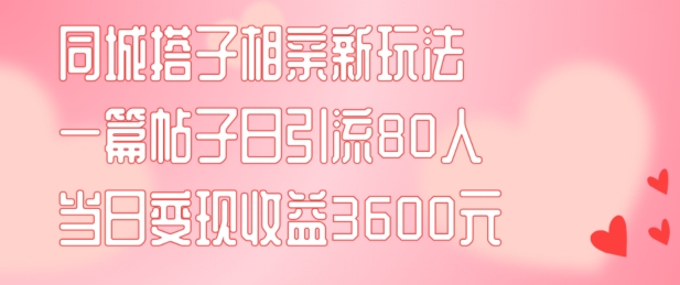 同城搭子相亲新玩法一篇帖子引流80人当日变现3600元(项目教程+实操教程)【揭秘】-跃知万川